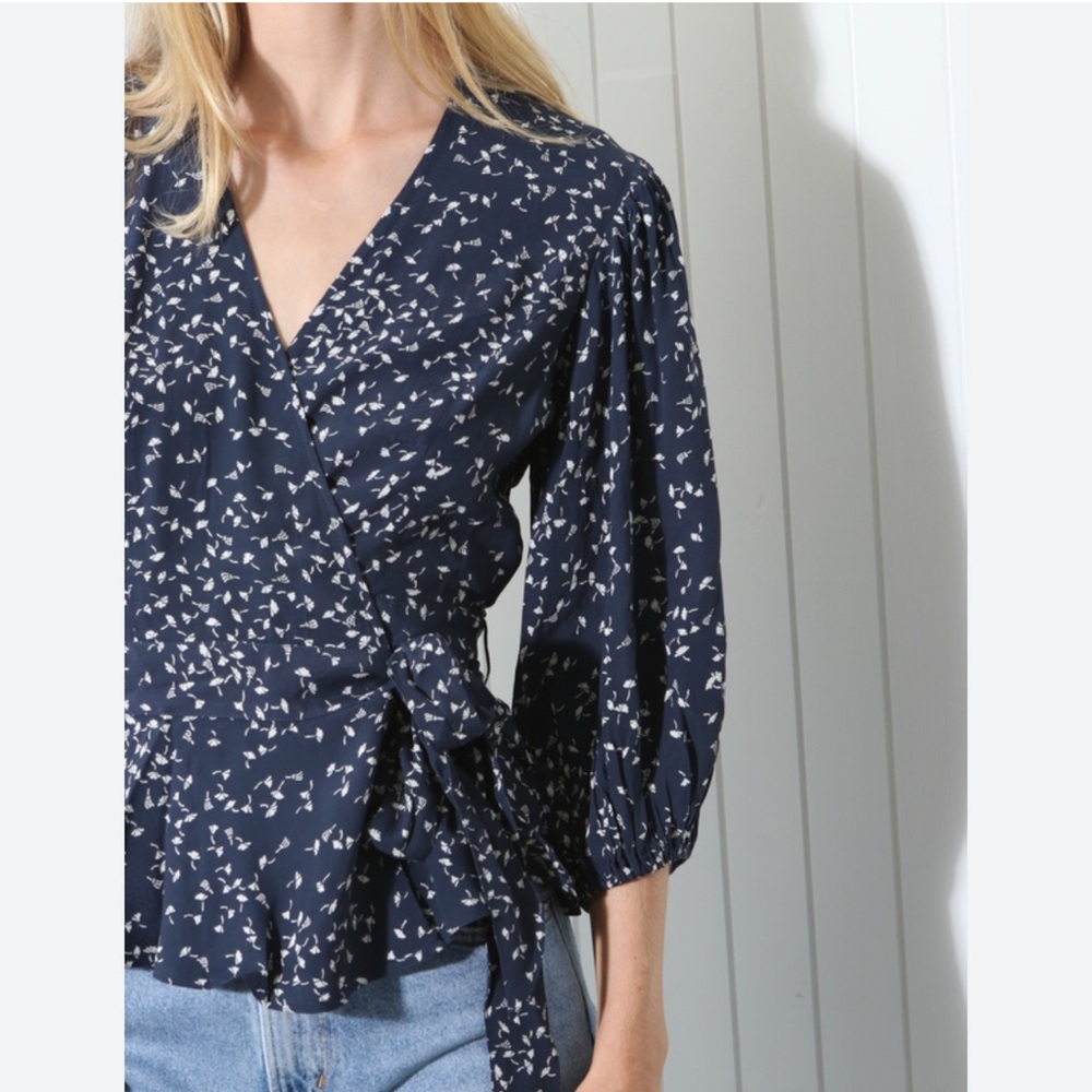 Ganni Barra Crepe Wrap Top Blouse Floral Navy Blue Balloon Sleeve Size 36